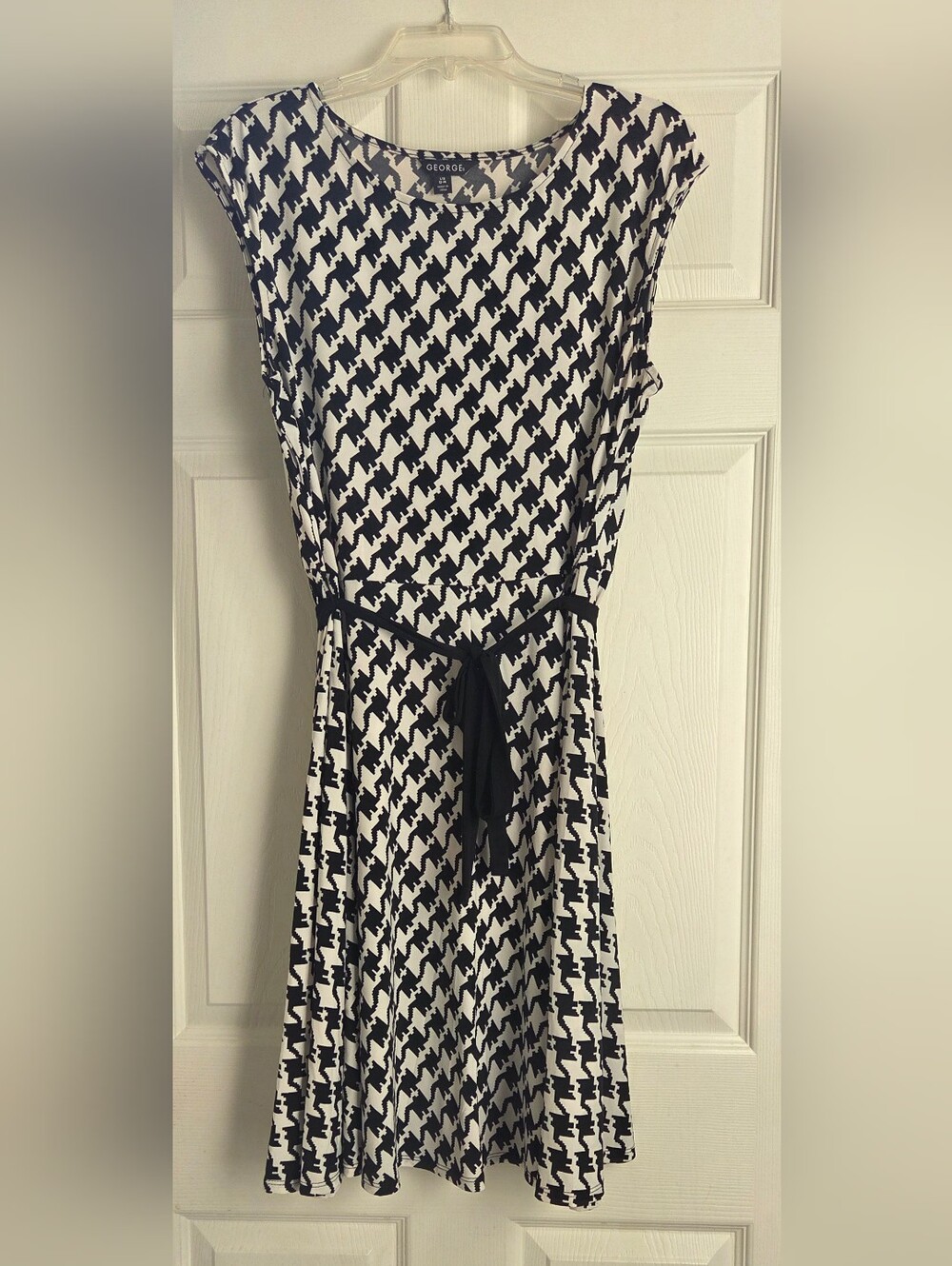 George Black and White Houndstooth Midi Dress with Tie Belt